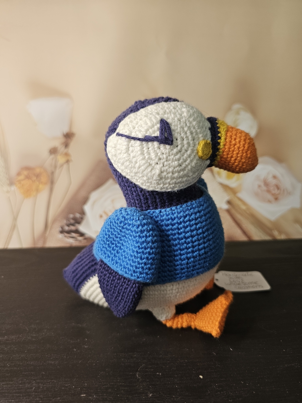 Handmade Knit Puffin Toy - Blue and Orange Plush for Birds & Pets